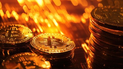 Bitcoin coins stacked on reflective surface with warm glow, representing cryptocurrency investment, digital finance trends, and blockchain technology.