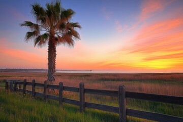 Fototapeta premium Serene Sunset Over Marshland with Palm Tree and Wooden Fence Surrounding Tranquil Landscape Emphasizing Nature's Beauty in a Coastal Environment