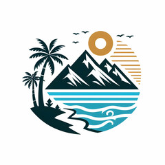 Tropical Beach Logo Style Illustration — Palm Trees, Ocean Waves & Sunset Paradise Design