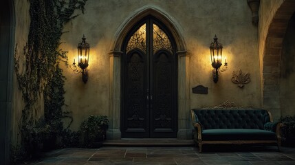 Fototapeta premium A serene gothic-inspired space with a dark emerald velvet sofa, an ornate door, and ivy creeping along the walls.