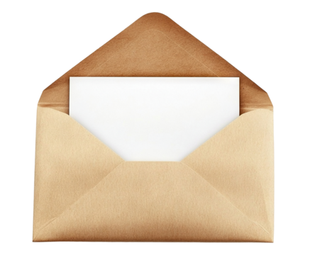 Open kraft envelope with blank white card inside, isolated on transparent cutout background