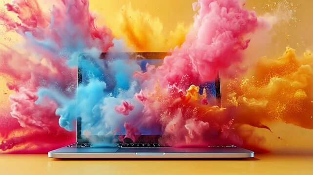 A laptop emitting colorful smoke clouds bursting with creativity and innovation.