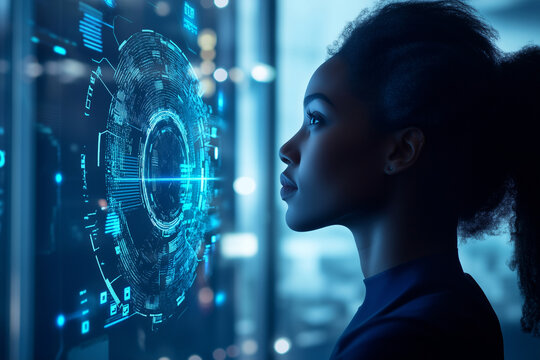 woman is looking at a computer screen with a blue circle on it. The circle is surrounded by a lot of other blue shapes. The woman is focused on the screen, possibly working or studying