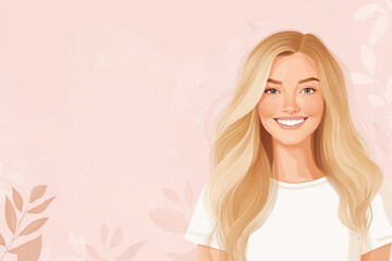 Naklejka premium woman with blonde hair is smiling and wearing a white shirt. The background is pink and features leaves