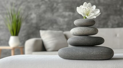 A serene spa interior with a branded hot stone massage kit, neatly arranged on a linen table.