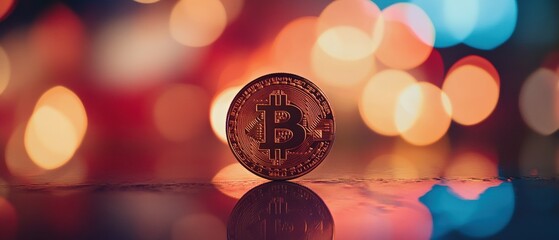 Bitcoin coin on reflective surface with blurred colorful lights in background, representing cryptocurrency investment, digital finance, and blockchain technology trends.