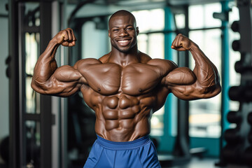 Fototapeta premium man with a muscular build is posing with his arms raised in the air. Concept of strength and confidence, as the man's body language and facial expression suggest that he is proud of his physique