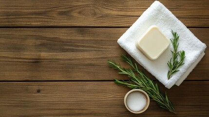 A simple setup with handmade soap, a cotton towel, and a sprig of rosemary on a natural wood surface.
