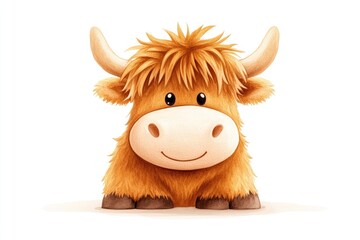 Cute cartoon Highland cow with fluffy fur, smiling in a simple background, ideal for children's content