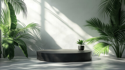 Fototapeta premium A product display image, showing a black circular pedestal surrounded by green plants and white walls. 