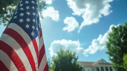 American flag waving under a bright blue sky with fluffy clouds, symbolizing patriotism and freedom in the United States. National pride and outdoor backdrop.