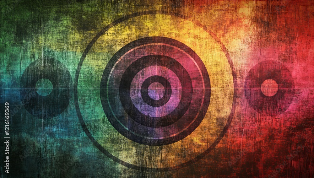 Poster abstract grunge background with concentric circles and vibrant color palette.