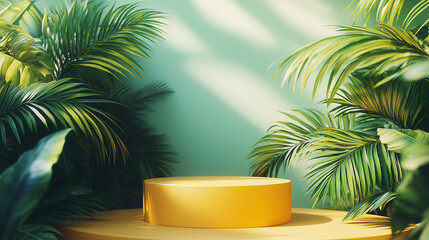 Obraz premium A product showcase with a yellow pedestal is surrounded by lush green palm fronds with a hot, bright light.