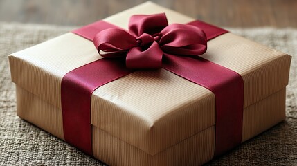 Obraz premium An elegant gift box wrapped in brown paper with a red ribbon bow evokes a sense of celebration and surprise