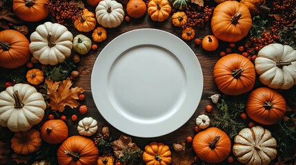 An empty plate sits vertically surrounded by small orange and white pumpkins, evoking a Thanksgiving theme