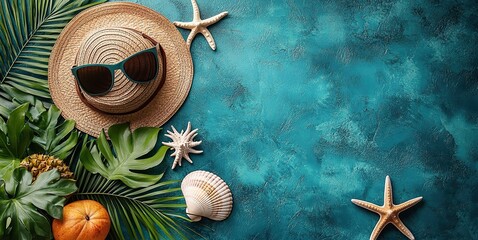 An overhead shot featuring a straw hat, shades, succulent tropical fruits, a palm frond, shell, and starfish on a bright wooden surface, capturing a beachside ambiance with space for text