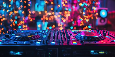 DJ mixer with colorful lights in background with a sound system and sound control equipment
