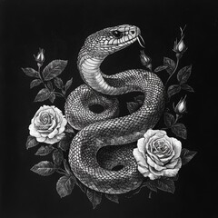 Obraz premium Colorful Tattoo design with skull, roses and snake. Vector illustration.