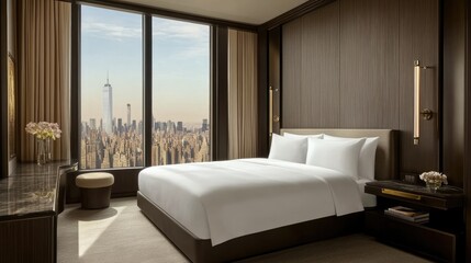 A stylish modern bedroom with sleek wooden walls, minimalist decor, and a window offering a cityscape view.