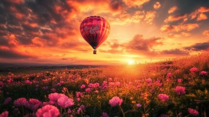 Fototapeta premium A beautiful flower-shaped hot air balloon soaring above a flower-filled field, with a breathtaking sunset casting golden hues over the landscape