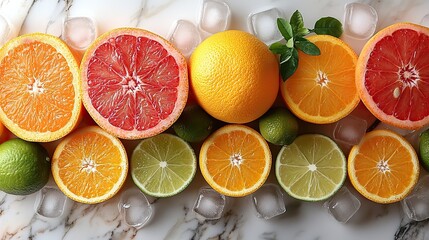 Assorted fresh citrus fruits, including oranges, limes, and grapefruits, with ice cubes on a stylish, vertical marble background