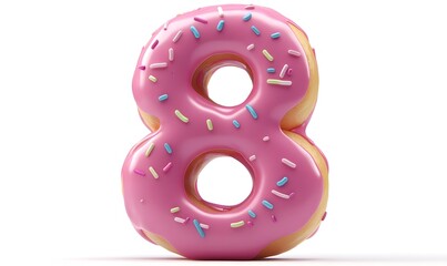 Fototapeta premium Pink glazed donut number eight, sprinkles, white background, dessert, food