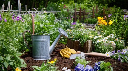 Gardening tools: trowel, gloves, watering can in garden bed with blooming flowers and green foliage backdrop. Emphasizing gardening activity and lush environment.