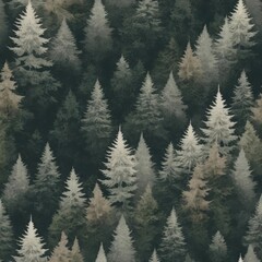 Obraz premium Deep Green Fir Trees in Retro Misty Landscape.jpeg