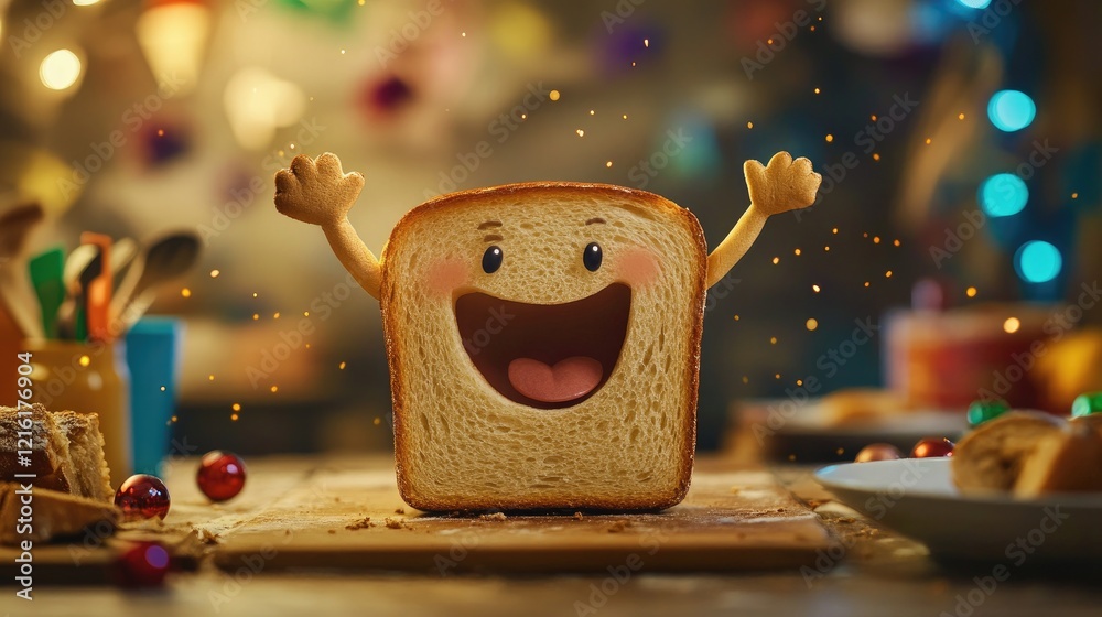 Poster a happy slice of bread with arms raised, celebrating in a vibrant kitchen setting filled with festiv