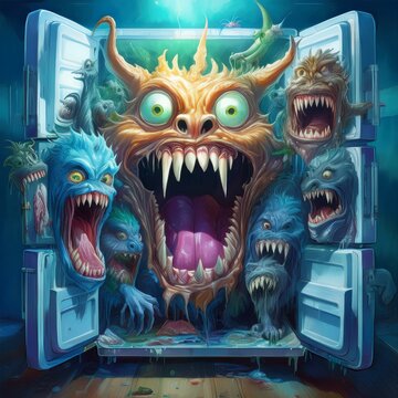 Un mostruo gigante que sale de la heladera quando se abre la puerta, por detras de el y en las puestas, un monton de peque&ntilde;os mostruos lo siguen, imagen ideal para propagandas sobre la fantaciencia