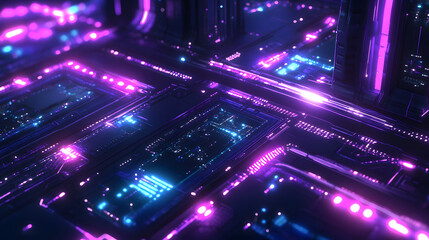 view of a circuit board with glowing pathways and futuristic 3D details 