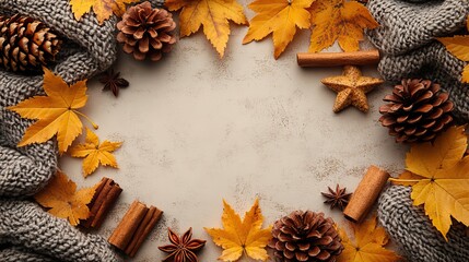 Fototapeta premium Autumn aesthetic concept A top-view photo of cinnamon sticks, anise stars, yellow maple leaves, a plaid scarf, and a pine cone on an isolated beige background with copyspace