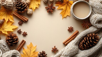Autumn aesthetic concept A top-view photo of yellow maple leaves, cinnamon sticks, anise stars, pine cones, and a scarf on an isolated beige background with empty space