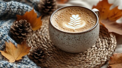 Autumn business concept A top-view vertical photo of a cup of frothy coffee on a rattan serving mat, fallen maple leaves, pine cones, candles, and a plaid scarf on an isolated beige background