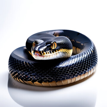 Stunning Axanthic Ball Python with Smooth, Glossy Scales and Striking Contrast of Dark and Light Patterns on a Seamless White Background, Showcasing Its Unique Morphological Features.