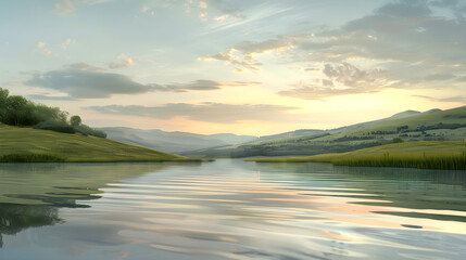 Fototapeta premium Tranquil Lake in Pastel Dawn: A Serene Escape to Nature's Embrace