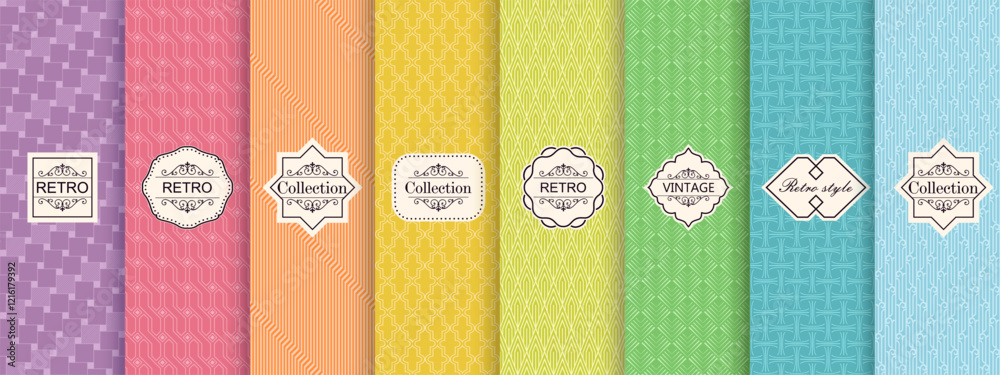 Poster Vector geometric seamless patterns. Trendy set of abstract colorful backgrounds with minimal labels, frames. Abstract modern retro line ornament textures. Design for print, decor, package, banner