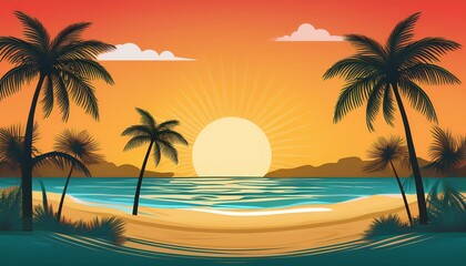 Obraz premium Sunset on summer beach background vector illustration. Generated image