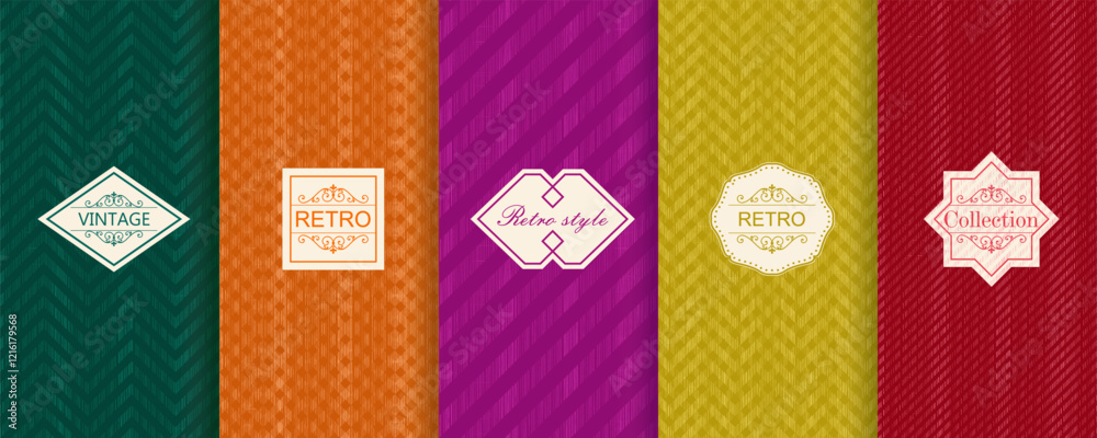 Poster Vector geometric seamless patterns. Trendy set of abstract colorful backgrounds with minimal labels, frames. Abstract modern retro line ornament textures. Design for print, decor, package, banner
