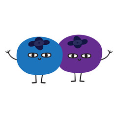 Two cute blueberries waving. Funny characters. Hand drawn illustration on white background.