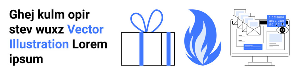 Naklejka premium Gift box with ribbon, blue flame, computer monitor with emails. Ideal for digital marketing, holiday promotions, online security, email management, gift services, fire safety computer services