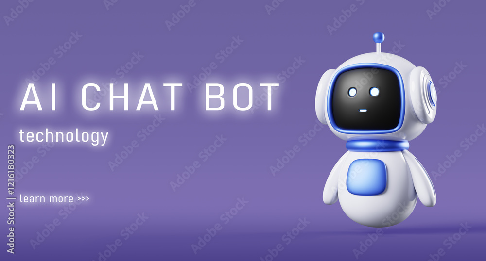 Poster ai chat bot technology 3d banner. cute robot bot character with artificial intelligence render. virt