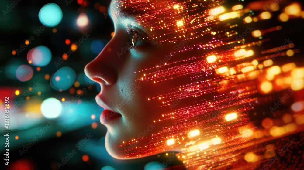 Poster a woman engaged with a vibrant, futuristic digital interface, with bright pixels and light trails re