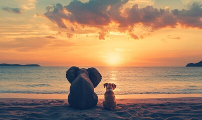 Elephant and Dog Watching Sunset on Beach, Unlikely Friendship, Concept of Peace and Companionship, Tranquil Seaside Evening, Inspirational Animal Moment, Generative AI