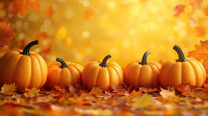 Autumn pumpkins and leaves arranged on a vibrant yellow background, creating a simple yet evocative scene of the fall season