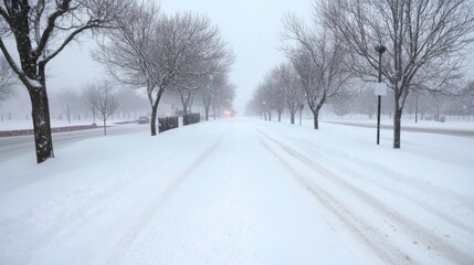 Fototapeta premium Snowy road, winter city street, snowfall, traffic, urban landscape, background blurred, travel photography