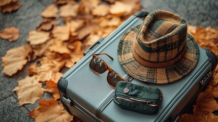 Autumn travel dreams, an aerial shot showcasing a gray suitcase along with a snug felt hat and sunglasses laid out on a beige isolated background, ideal for your promotional or textual needs