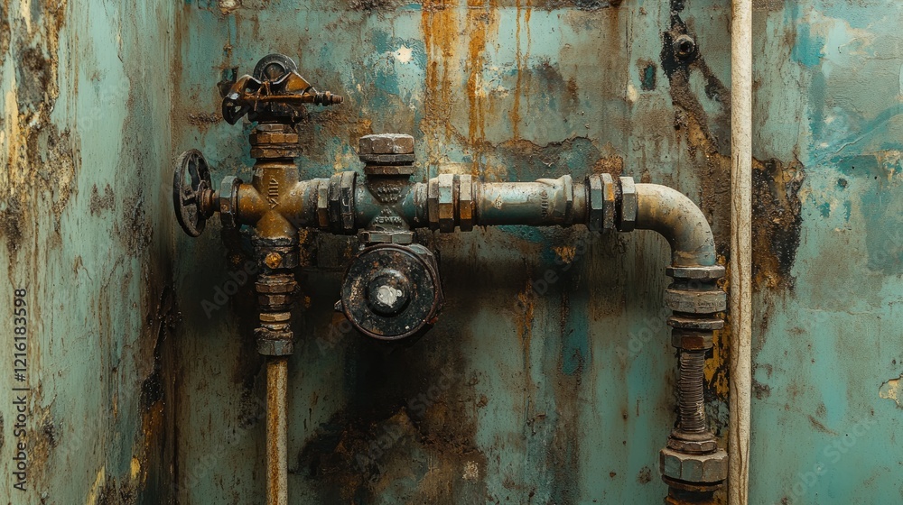 Poster Clear view of a pipe connection in a plumbing system with an attached hose and valve, captured in a utility room environment