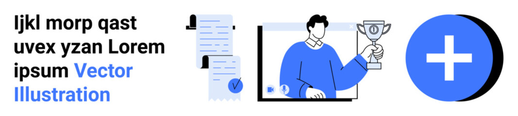 Text block, document checklist with check, person holding trophy, blue plus sign Ideal for business presentations, success stories, educational materials, team achievements, blog posts, coaching