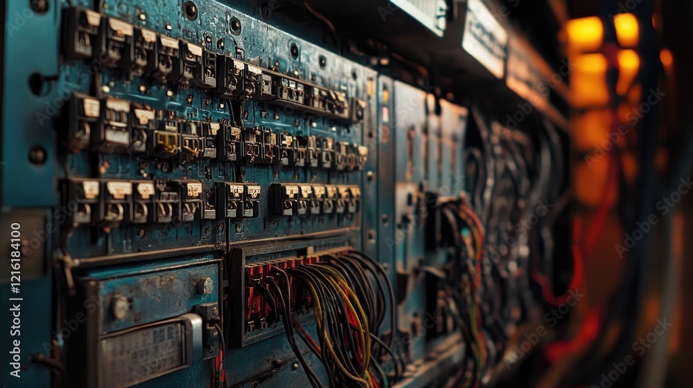 Poster close-up of the interior of an electrical control cabinet, displaying a complex array of wires and c